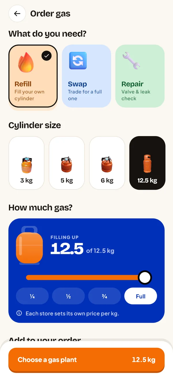 Order gas screen: refill, swap or repair; cylinder sizes 3 to 12.5 kg; filling up 12.5 of 12.5 kg.
