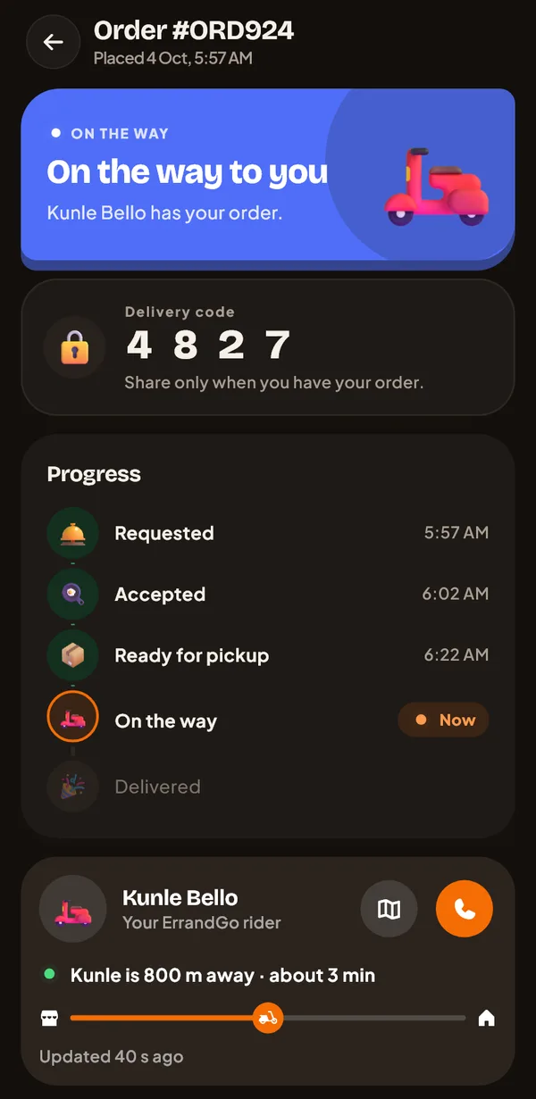 Order tracking in dark mode: on the way, a 4-digit delivery code, progress steps and the rider 800 m away.